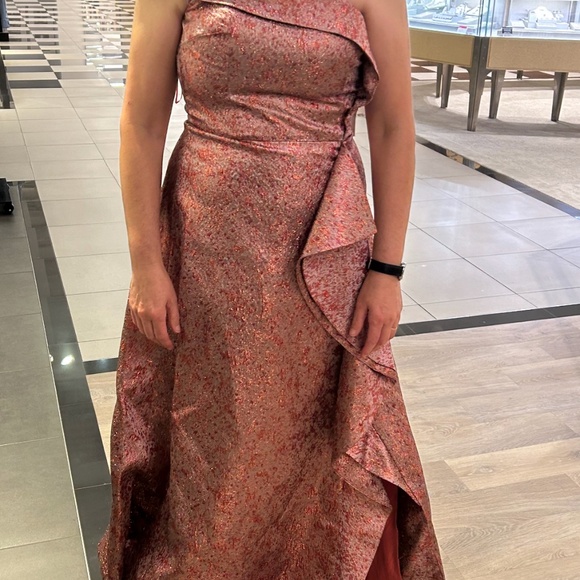 TERI JON Red Multi Metallic Jacquard Asymmetrical Gown - Picture 1 of 1